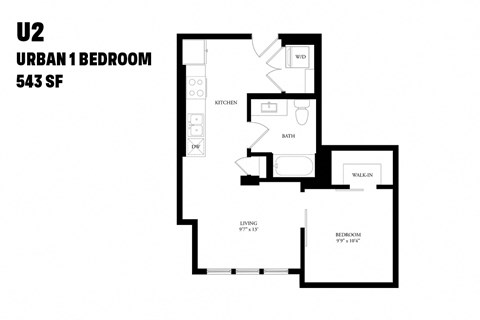 Floor plan for 1 bed, 1 bath, 543 sqft